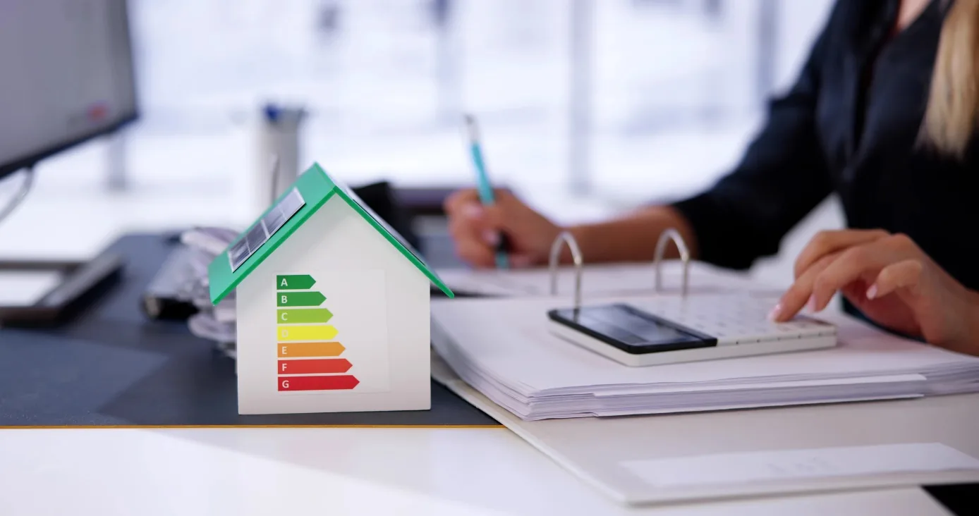 Büroarbeitsplatz mit Miniaturhaus zur Energieeffizienzbewertung und arbeitender Person im Hintergrund